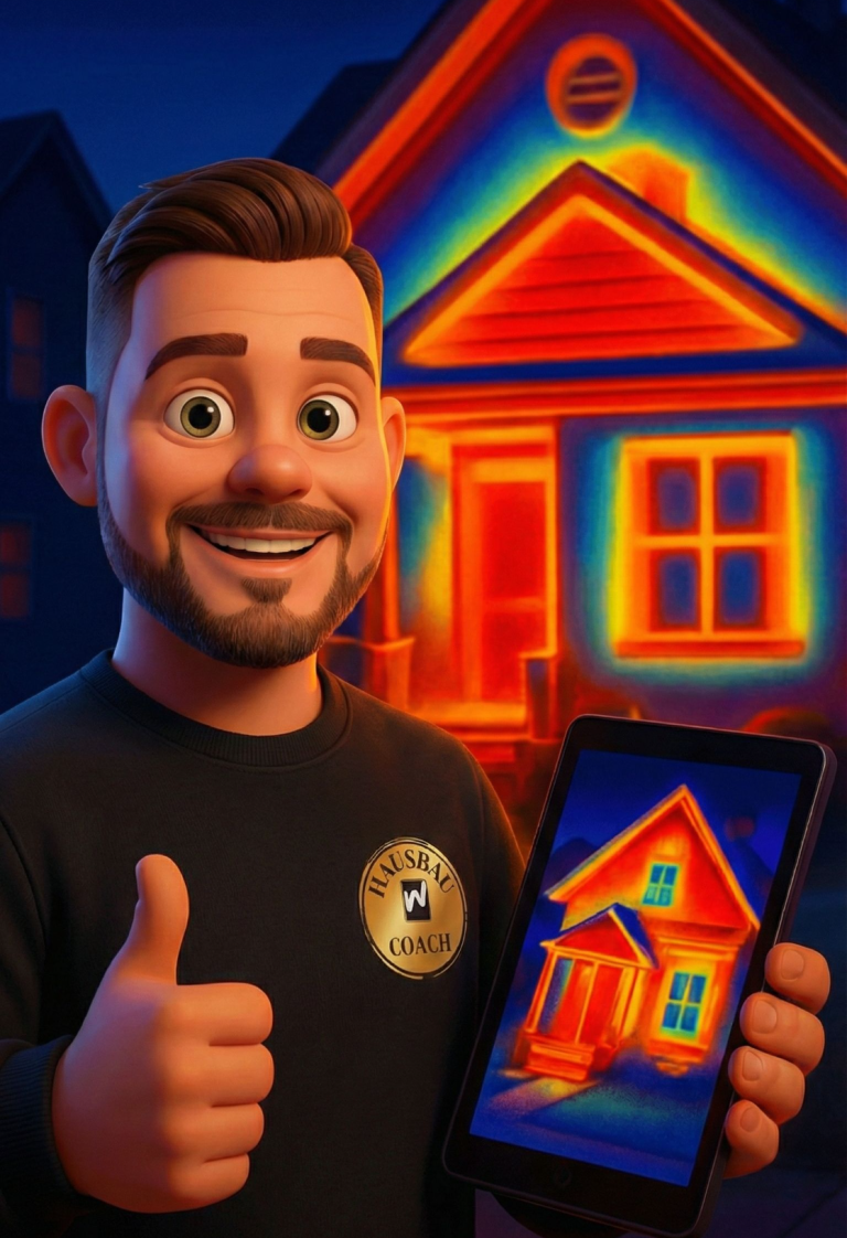 Thermografie Wärmebild eines Hauses mit bunten Temperaturzonen und Fenstern, die leuchten.