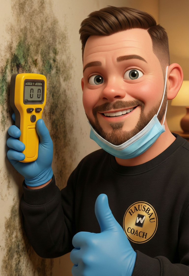 Schimmel & Feuchtigkeit Hand hält ein Messgerät vor einer beschädigten Putzwand mit sichtbarer Feuchtigkeit.