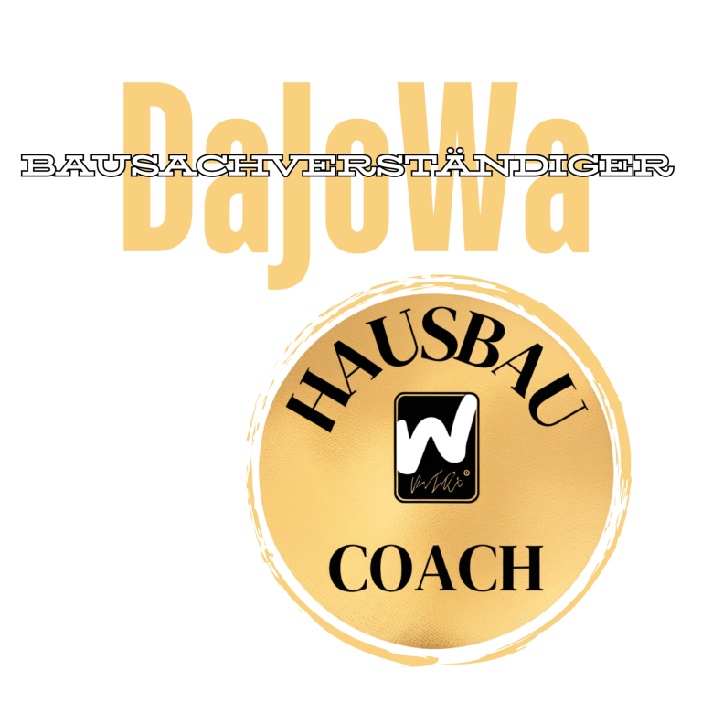 Logo von Hausbau Coach Logo von Dajowa, darunter der Text "HAUSBAU COACH".