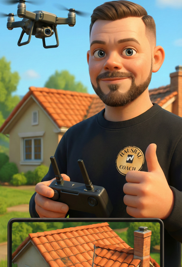 Drohnen-Inspektion Drohne fliegt nahe einem Dach mit einer Ziegeleindeckung.